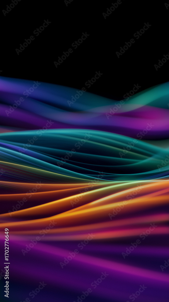 Poster swirling lines of color blend in vibrant purples, blues, and oranges, forming a dynamic abstract des