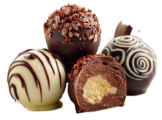 Assorted chocolate truffles, a close-up.  Three truffles, one dark, one white, and one with a light filling, are showcased.  The dark chocolate truffle is topped with a sprinkle of nuts. 