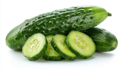Three cucumbers and four slices are arranged on a white background