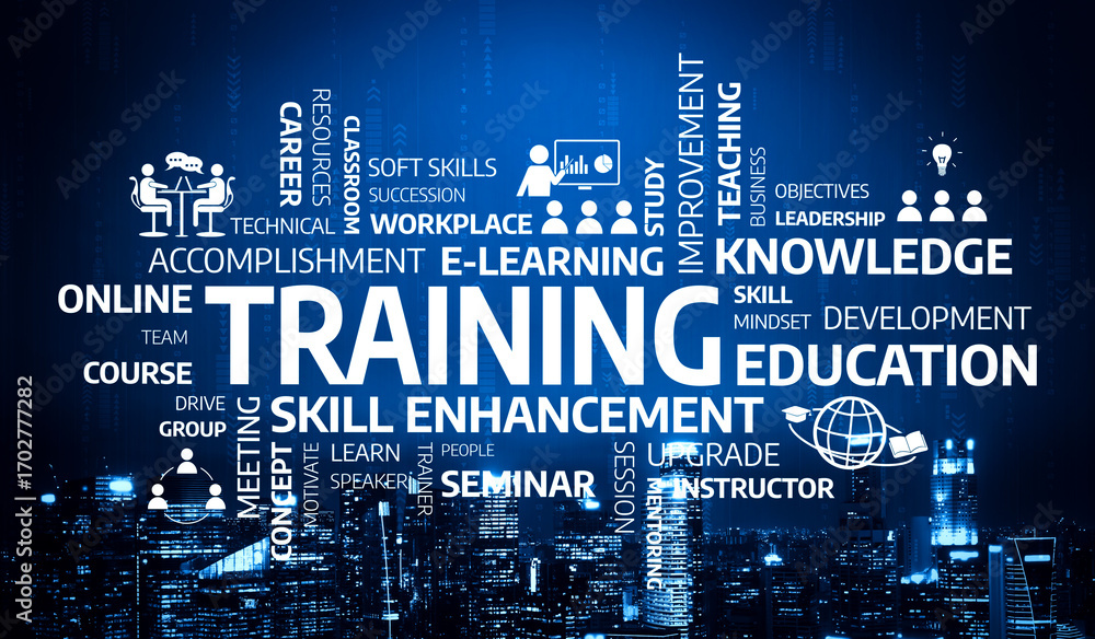 Poster a visually engaging training concept showcasing e-learning and skill enhancement icons against a cit