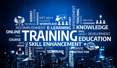 A visually engaging training concept showcasing e-learning and skill enhancement icons against a...