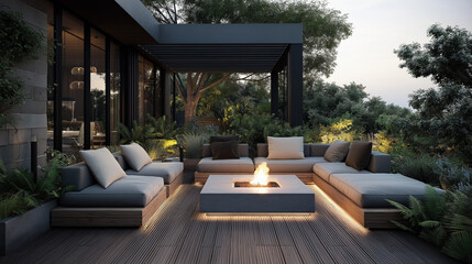 Modern outdoor patio with wooden deck, clean-lined furniture, fire pit centerpiece, surrounding greenery, evening ambient lighting 3D rendering