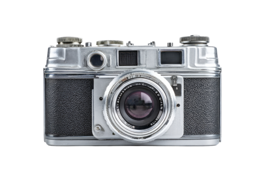 Vintage silver-toned camera, front view.  Chrome and black components, detailed controls.  Focus lens visible.  Isolated on black