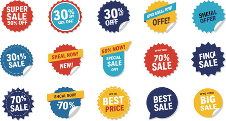 Obraz premium Colorful sale stickers and promo labels with discounts and humorous typos, perfect for marketing banners, ads, or social media