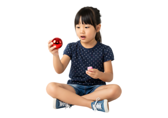 Young girl holding a red apple isolated on transparent background