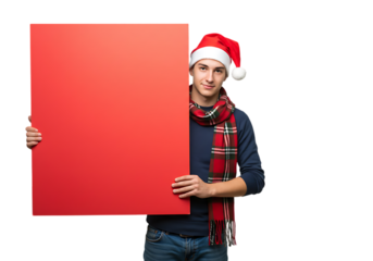 Man in santa hat holding red blank sign isolated on transparent background