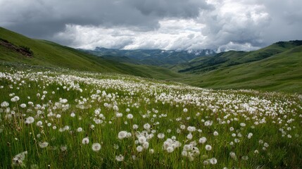 Rolling green hills dotted with fluffy dandelion seed heads, under a dramatic, cloudy sky.  A vast meadow stretches to distant mountains