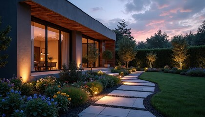 Modern residential house with illuminated pathway through rich garden. Ambient lighting enhances vibrant flowers, manicured lawn. Contemporary architecture, landscaping offer serene backyard living.