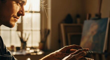 Passionate artist's paint-stained hands deeply engrossed in creative work, bathed in warm studio light with an easel in the background