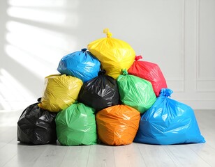 Colorful trash bags piled high