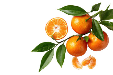 Fresh mandarins on branch with leaves, close-up