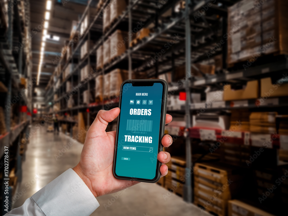 Poster warehouse management innovative software in computer for real time monitoring of goods package deliv