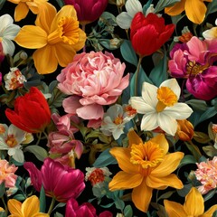 Fototapeta premium Vibrant floral pattern featuring daffodils tulips and peonies against a dark backdrop