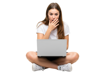 Young woman surprised by laptop screen isolated on transparent background