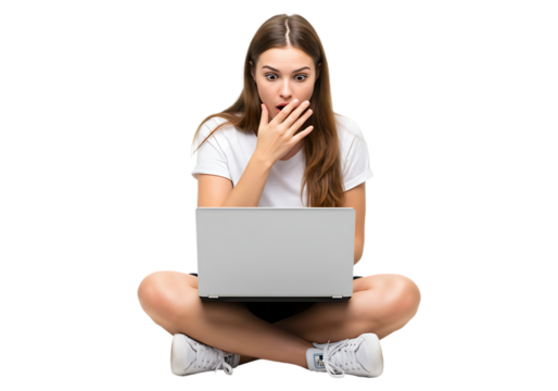 Young woman surprised by laptop screen isolated on transparent background