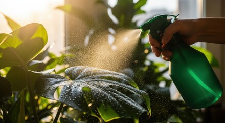 Golden Hour Plant Care: Hand Misting a Vibrant Monstera Leaf with a Green Spray Bottle, Creating a Refreshing Water Cloud in Sunlight