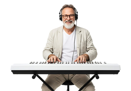 Smiling senior man playing keyboard isolated on transparent background
