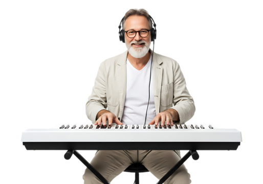 Smiling senior man playing keyboard isolated on transparent background