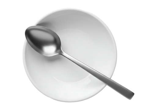 Silver spoon resting on a white plate isolated on transparent background