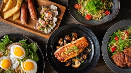 Overhead shot of diverse culinary dishes pan-seared salmon with mushrooms, fried eggs and salad, pasta dishes, sausages with fries, and other appetizers, arranged on a dark wooden surface