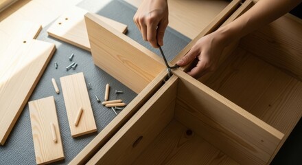 Hands Assembling Wooden Flat-Pack Furniture with Screwdriver for Home Improvement Project