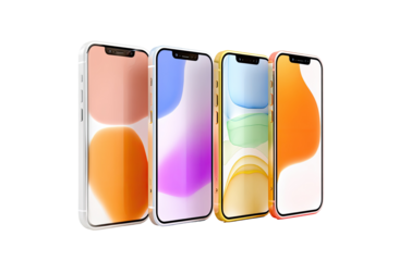 Four colorful smartphones, angled, showcasing vibrant backgrounds