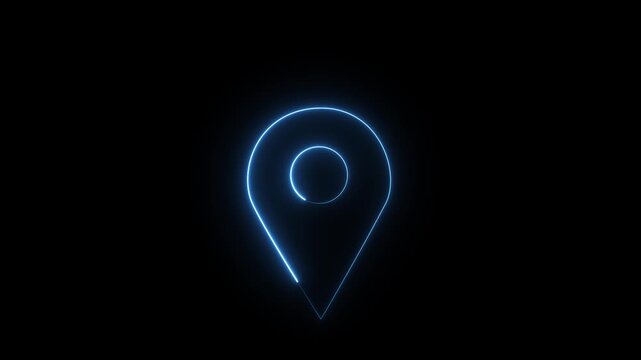 Abstract location glowing blue neon icon moving up and down animation on black background.  Fast tracking map pin icon