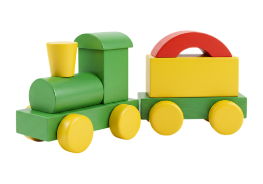 Green wooden toy train with red and yellow blocks isolated on transparent background