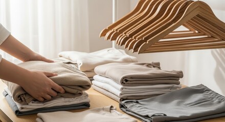 Hands neatly folding clean, neutral-toned clothes into organized stacks with wooden hangers, depicting home organization and decluttering