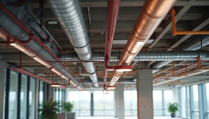 Ceiling view reveals complex network of pipes, ventilation, and sprinkler systems. Red pipes for fire safety, grey ducts for air. Industrial look with exposed infrastructure, modern office workspace.
