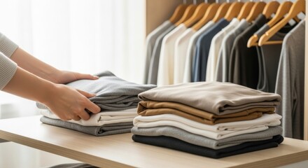 Hands Neatly Folding Laundry and Stacking Clean Clothes on a Wooden Shelf in a Tidy Wardrobe, Showcasing Efficient Home Organization and Decluttering