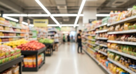Fototapeta premium Wide aisle in store full of products, people in background.