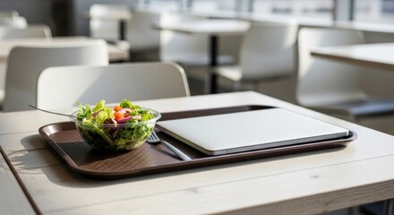 Healthy Lunch Break: Fresh Salad and Laptop on Tray in Bright Modern Cafeteria, Emphasizing Nutrition and Work-Life Balance in a Contemporary Offic...