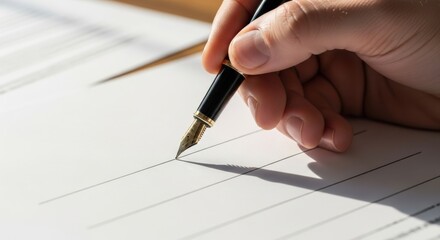 Elegant Hand with Fountain Pen Poised Over Lined Document for Signing, Writing, or Study, Symbolizing Important Decisions and Academic Work