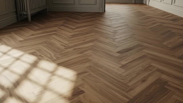 Elegant herringbone wood floor gleams with warm natural light, creating a sophisticated interior ambiance.