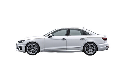 Fototapeta premium Side profile of a white sedan. Sleek, modern design, four doors, visible wheels. Glossy finish