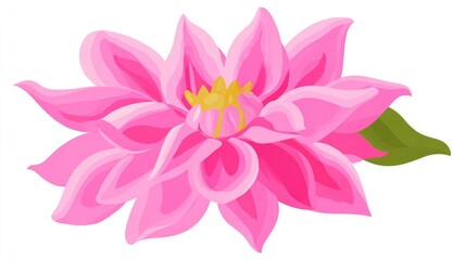Fototapeta premium Vibrant pink lotus flower with yellow stamen and green leaf illustration on a white background.