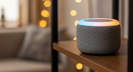 Modern Smart Speaker with Ambient Light on Wooden Shelf in Cozy Home Setting, AI Assistant Technology in a Warm Living Room with Bokeh Background