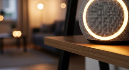 Modern Smart Speaker with Glowing Ring on Wooden Table in Warm, Blurred Living Room Interior; Cozy Ambient Lighting and Home Technology Focus