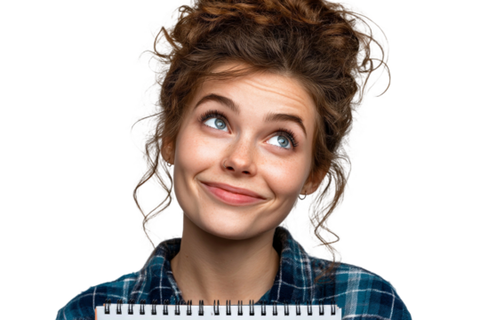 Young woman with curly hair wearing plaid shirt holding a sketchbook looking up with a thoughtful expression on a white background