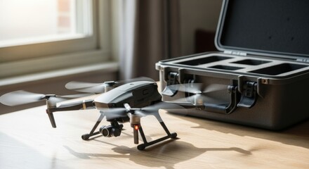Modern Quadcopter Drone with Camera and Protective Hard Case on Wooden Table Indoors, Ready for Aerial Photography