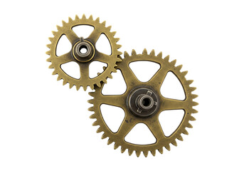 Two brass gears interlocked isolated on transparent background