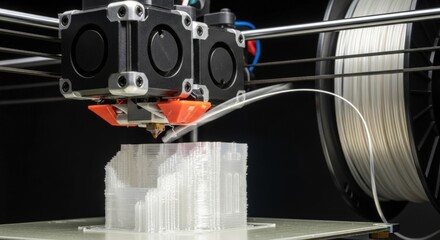 Modern 3D Printer Extruding White Plastic Filament, Building a Translucent Object Layer by Layer with Advanced Additive Manufacturing Technology