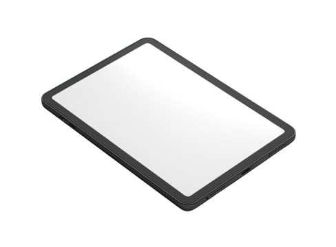 Isometric view of a blank tablet.  Dark gray frame surrounds a large white screen.  Slight shadow beneath