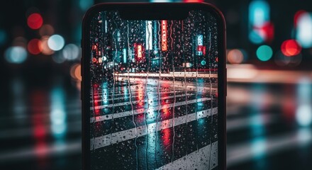 Smartphone capturing vibrant rainy city night scene, displaying colorful reflections on wet urban street with blurred background lights, atmospheri...
