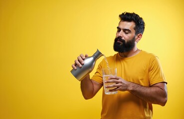 Hispanic man with beard pours water into glass from metal pitcher. Looks healthy, confident, relaxed, enjoying refreshing drink. Bright yellow background highlights positive lifestyle, habit of