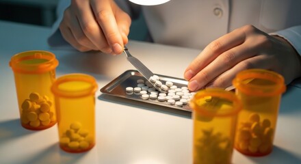 Healthcare professional precisely counting white medication tablets with a spatula for prescription filling in a bright pharmacy setting