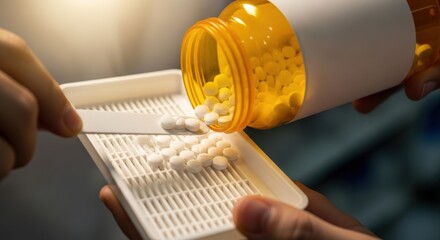 Close-up of Pharmacist Hands Counting White Pills from Prescription Bottle on Medical Tray