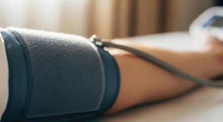 Close-up of a person's arm with a digital blood pressure monitor cuff for health check-up and medical measurement