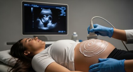 Expectant Mother Undergoing Diagnostic Ultrasound Scan with Healthcare Professional, Fetal Image on Monitor